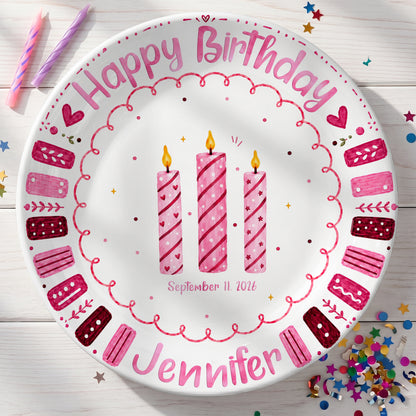 Pink Candle Border with Three Birthday Candles Personalized Birthday Plate P626WXMTT