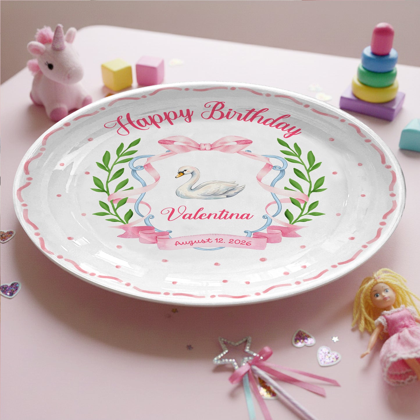Pink Swan and Bow Personalized Birthday Plate P318OF20