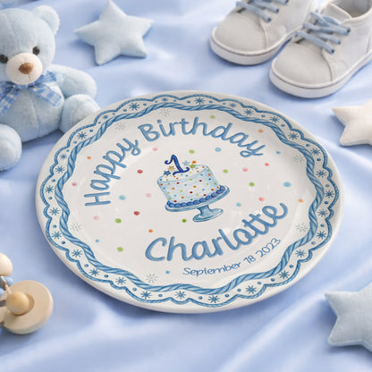 Blue Scallop Border Personalized Birthday Plate P417LAJ0