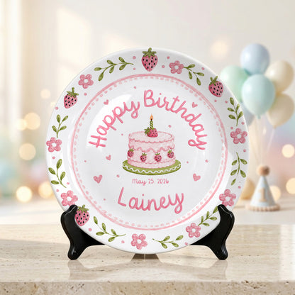 Strawberry Floral Cake Keepsake Ceramic Personalized Birthday Plate for Kids P83M4Y0