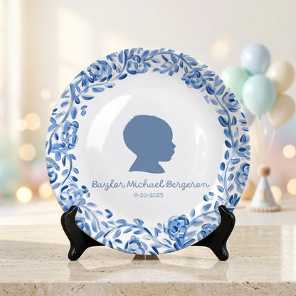 Blue Floral Silhouette Personalized Birthday Plate for Kids, Custom Name and Date Ceramic Keepsake P85LY90