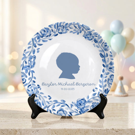 Blue Floral Silhouette Personalized Birthday Plate for Kids, Custom Name and Date Ceramic Keepsake P85LY90