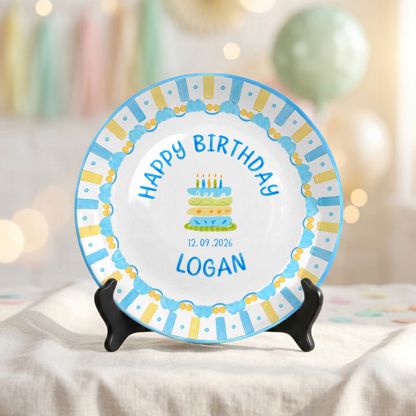 Pastel Candle Cake Personalized Birthday Plate, Custom Ceramic Kids Keepsake P818JSL0