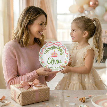 Pink Bow with Green Floral Border and Birthday Cake Personalized Birthday Plate P4156TV0