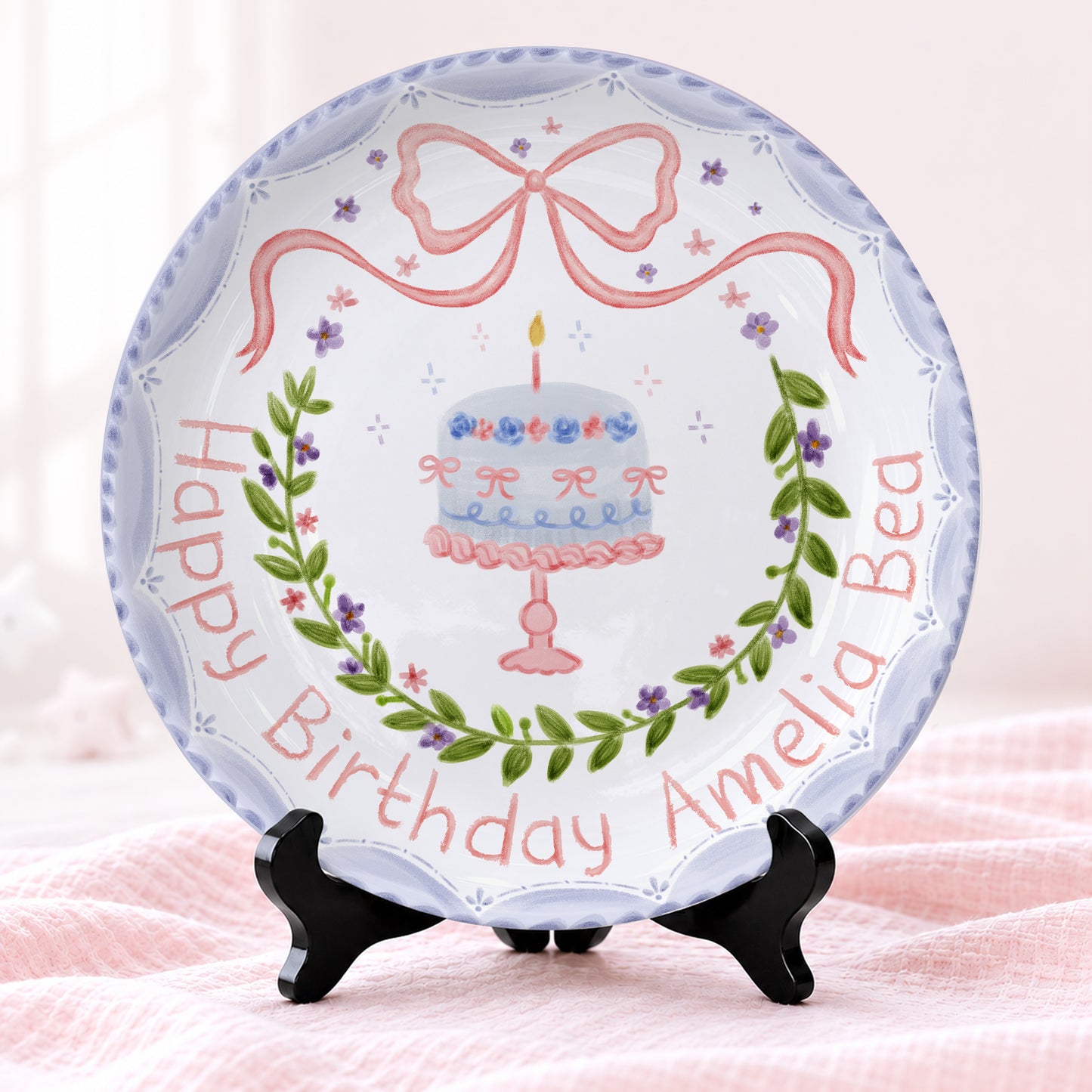 Pink Bow and Lavender Floral Wreath Cake Stand Personalized Birthday Plate P62GQC0