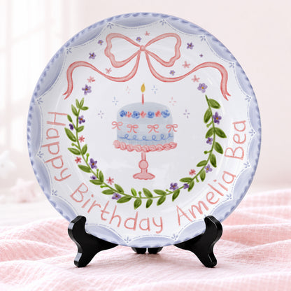 Pink Bow and Lavender Floral Wreath Cake Stand Personalized Birthday Plate P62GQC0