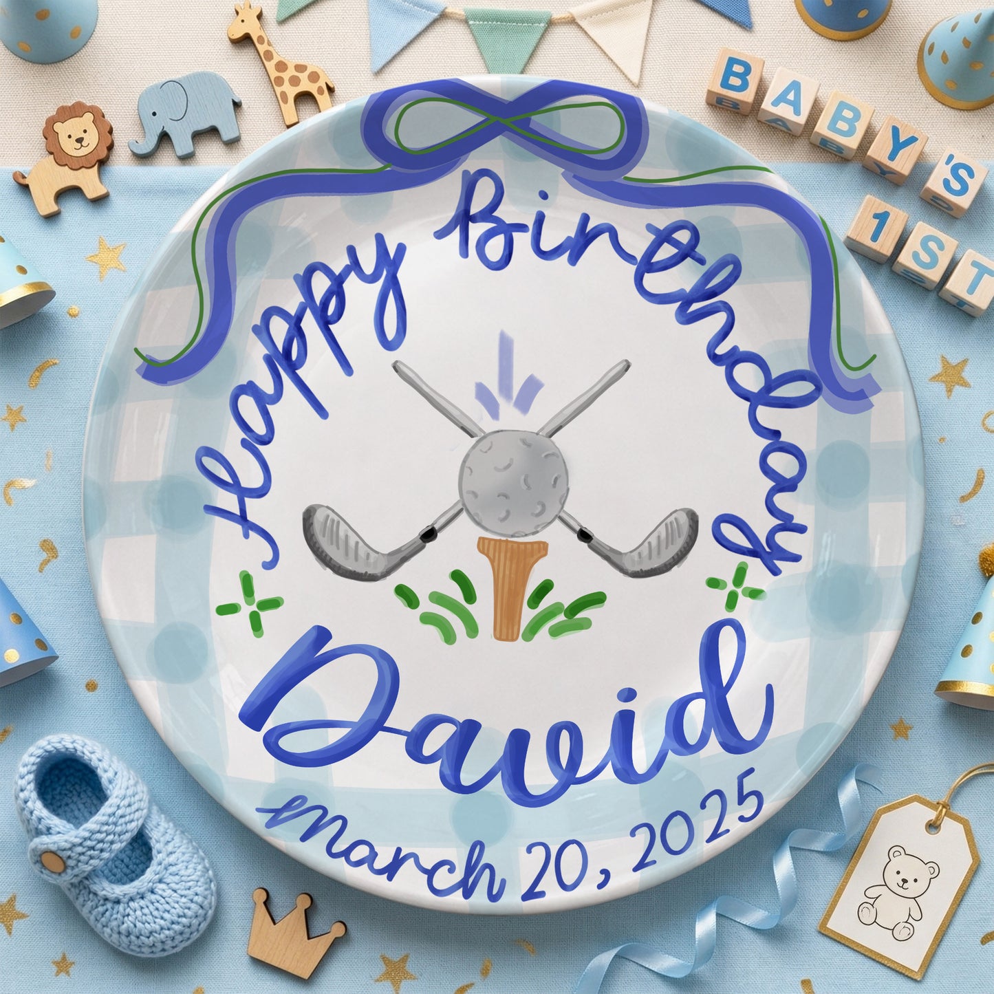 Blue Golf Bow Personalized Birthday Plate for Boys P511RLD0