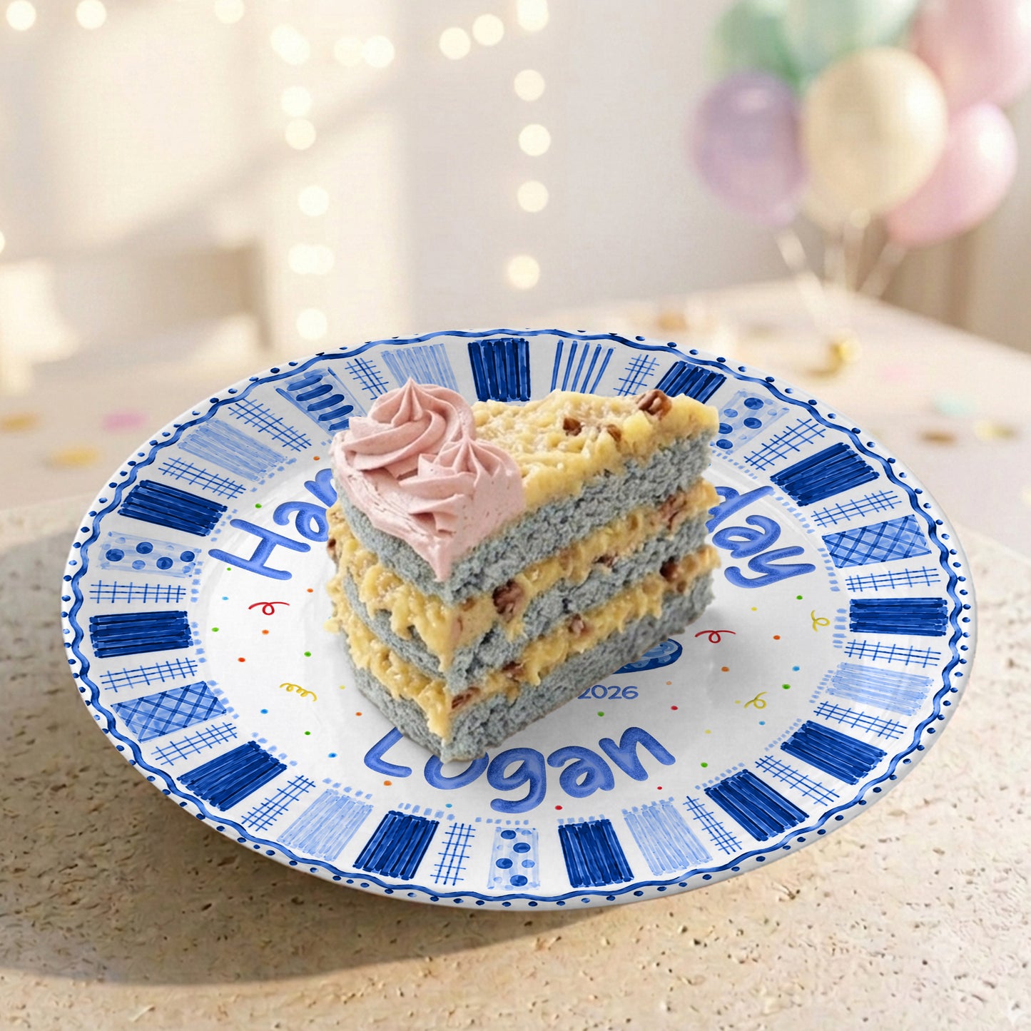 Blue Checkered Cake Personalized Birthday Plate for Boys Birthday Gift P812TGN0