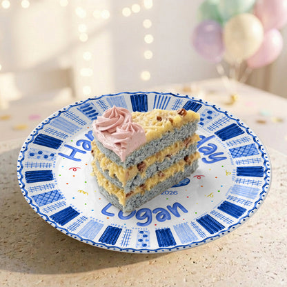 Blue Checkered Cake Personalized Birthday Plate for Boys Birthday Gift P812TGN0