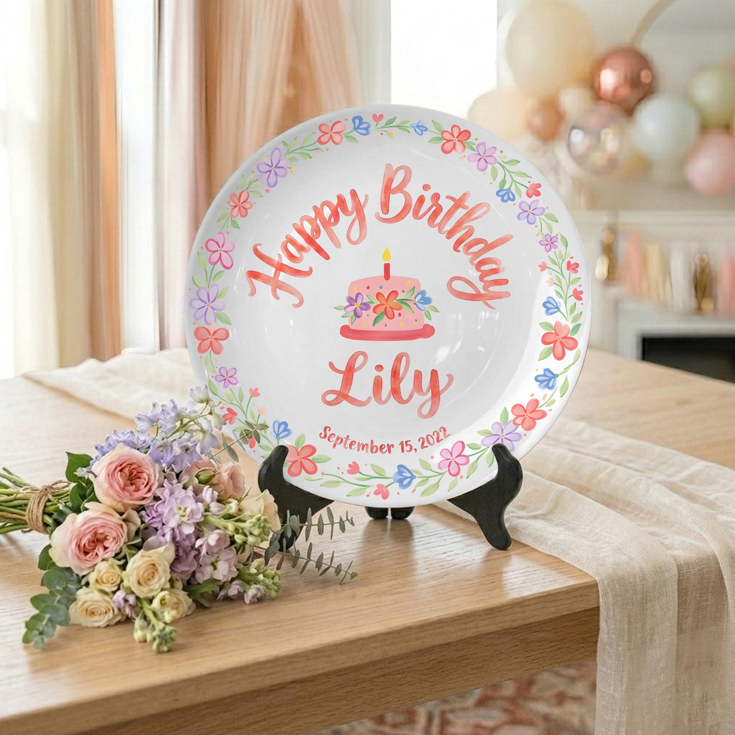 Floral Wreath with Pink Birthday Cake Personalized Birthday Plate P415Q5C0