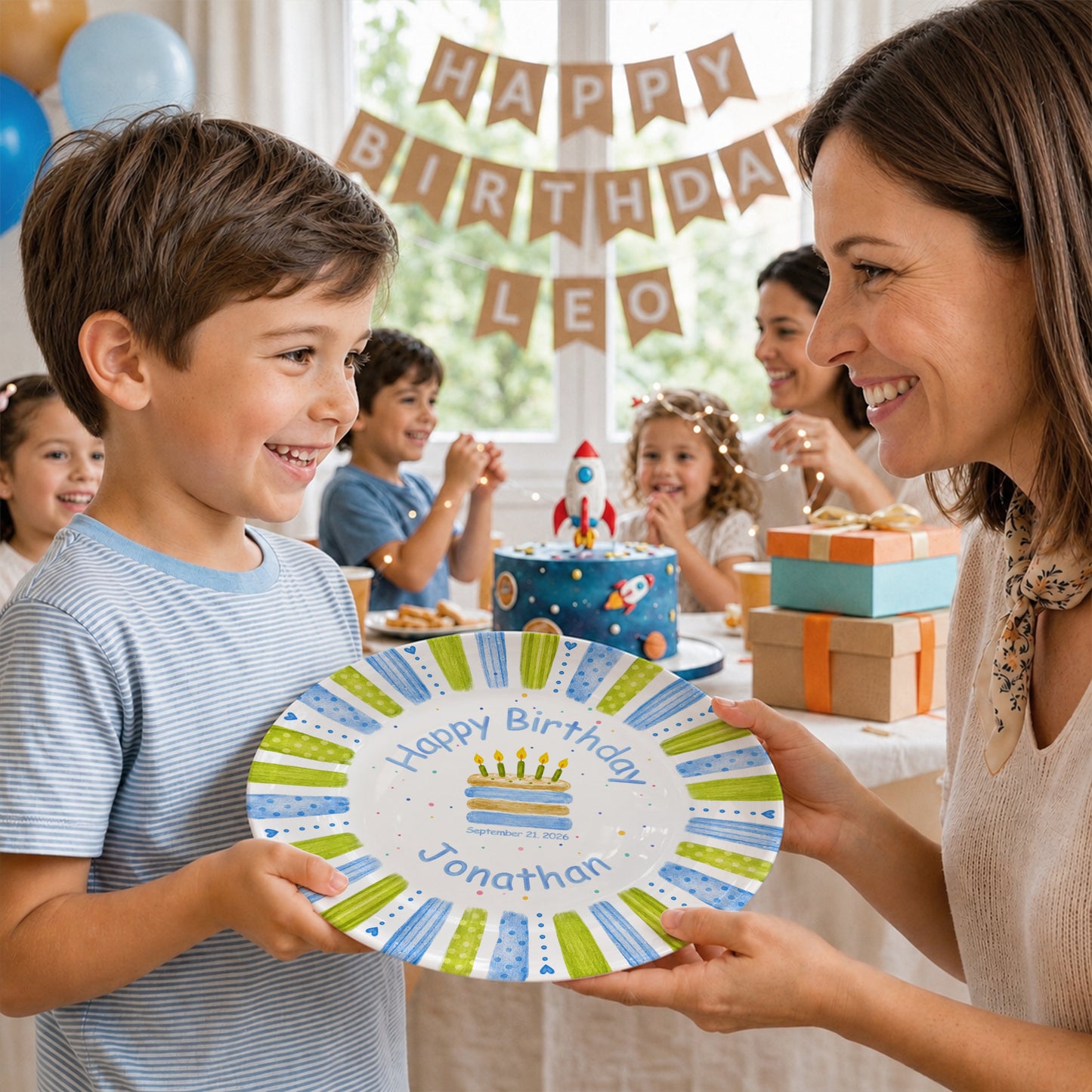 Blue Green Stripe Cake Personalized Birthday Plate P66M130
