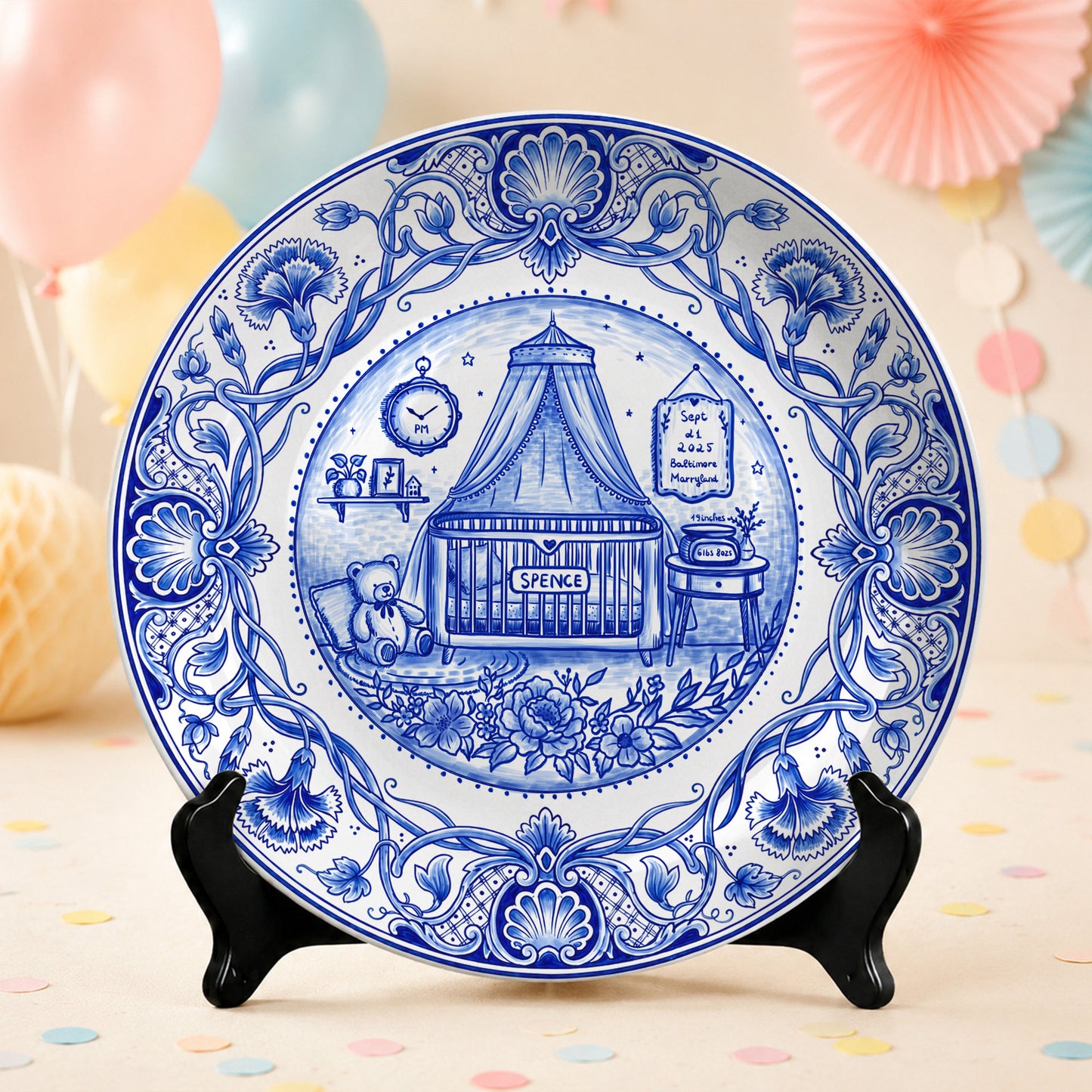 Delft Blue Newborn Birth Stats Custom Name Ceramic Personalized Birthday Plate P820OVX0