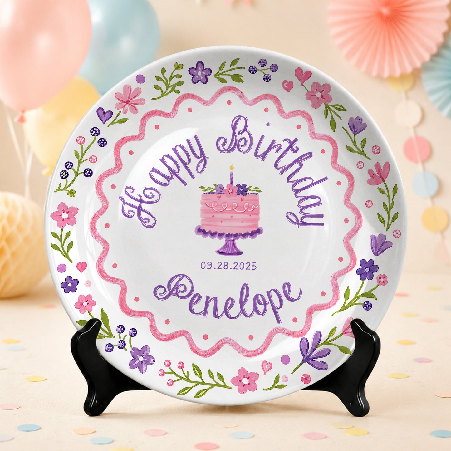 Floral Cake First Birthday Custom Name Keepsake Personalized Birthday Plate P826KAY0