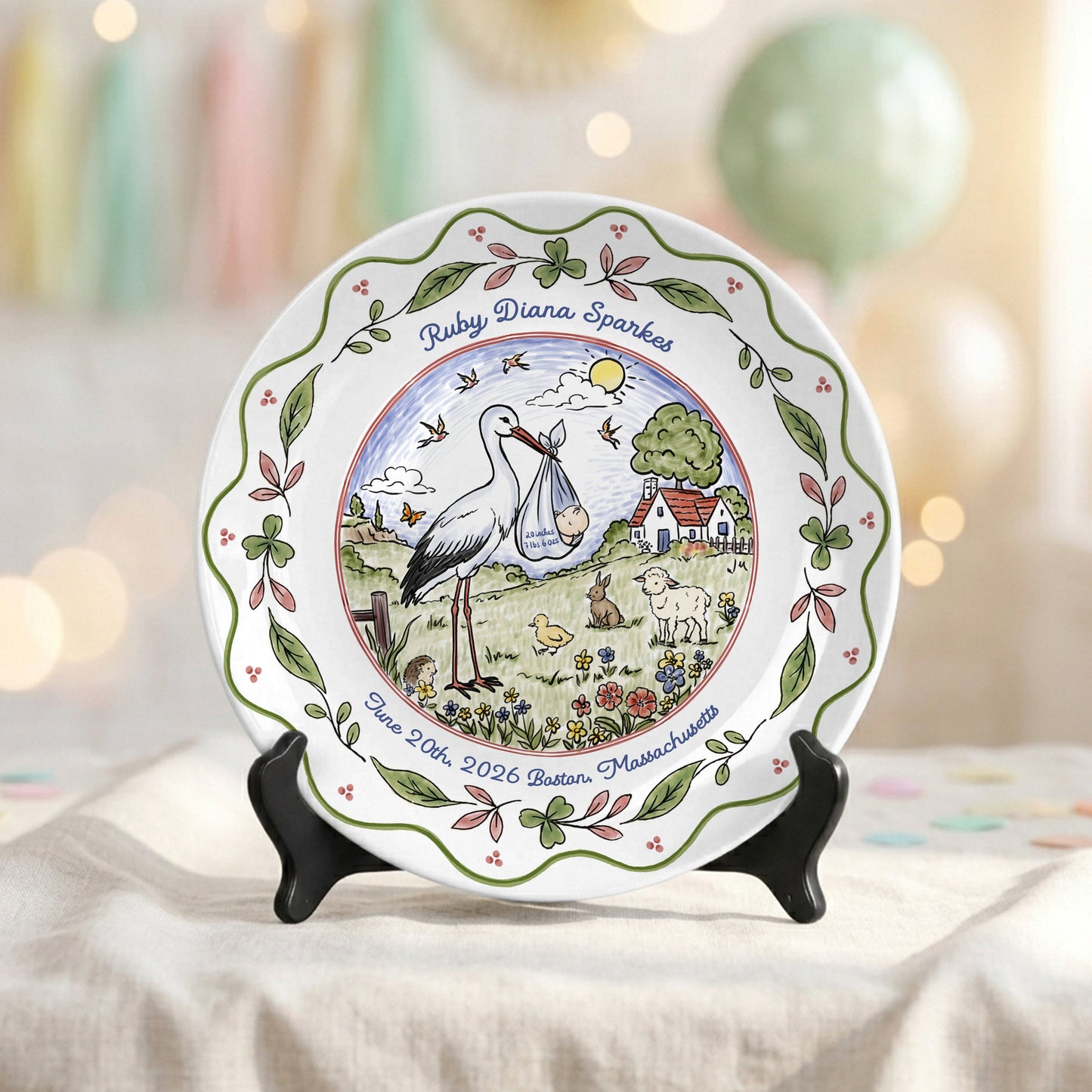 Stork Baby Birth Stats Nursery Keepsake Gift Personalized Birthday Plate P825DLK0