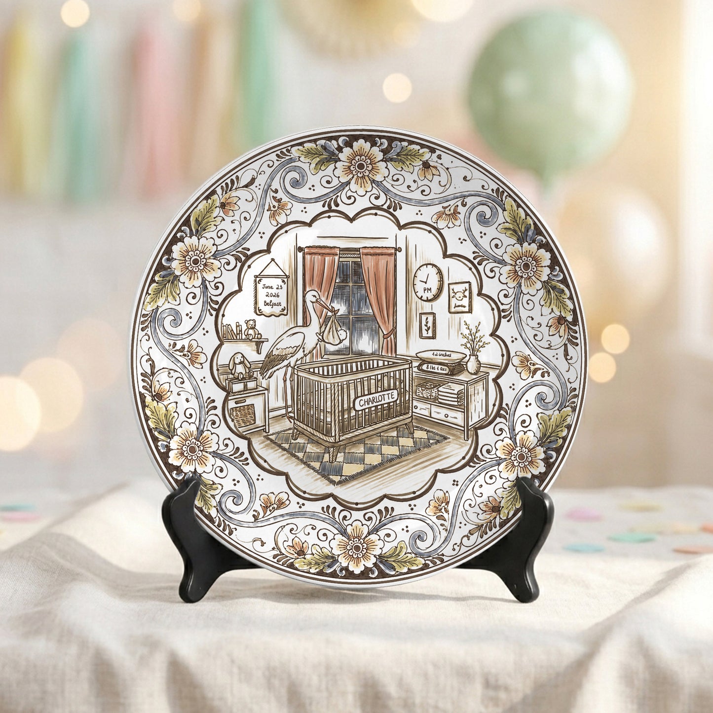 Vintage Floral Newborn Birth Stats Custom Name Ceramic Personalized Birthday Plate P820YFH0