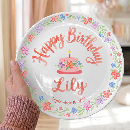 Floral Wreath with Pink Birthday Cake Personalized Birthday Plate P415Q5C0
