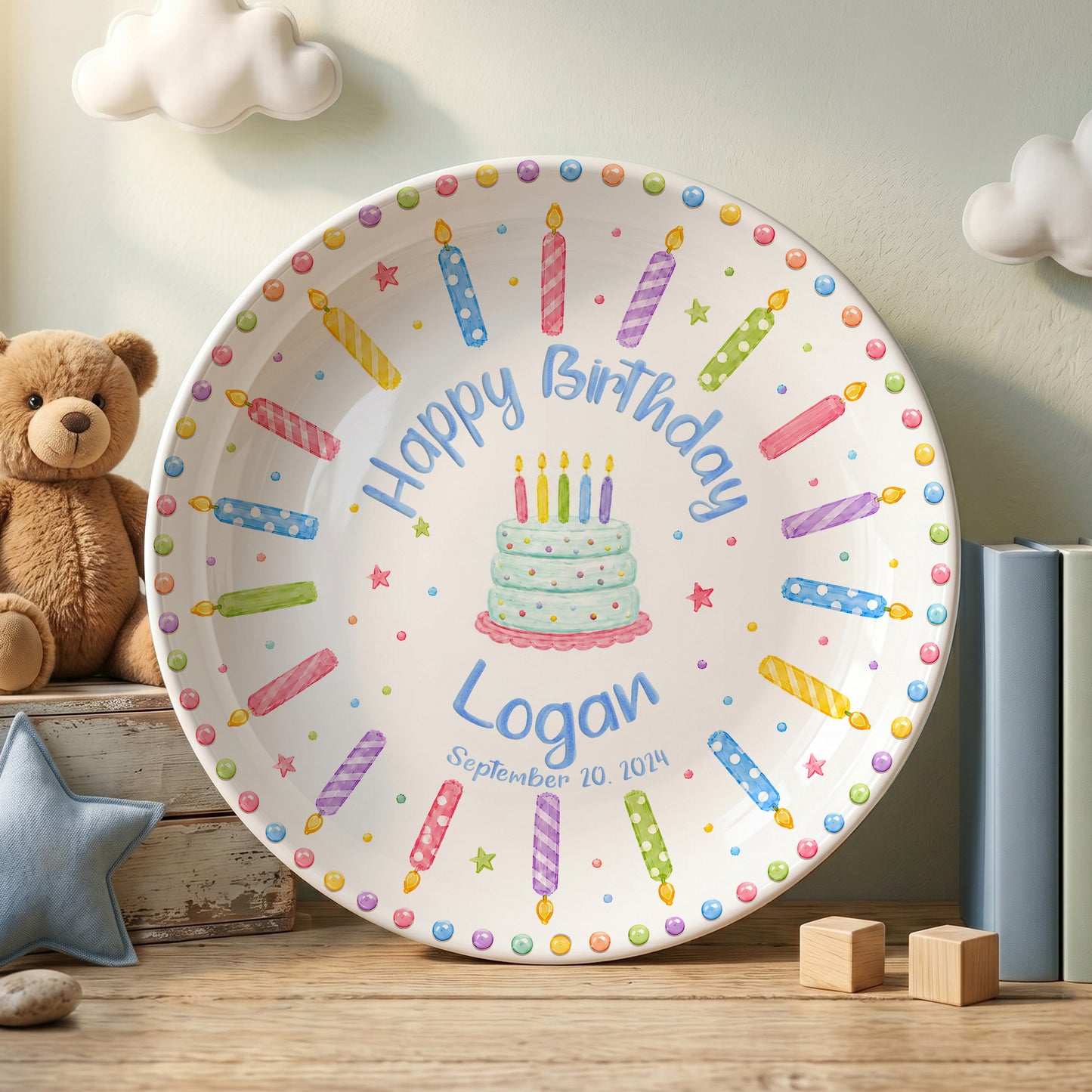 Rainbow Candle Confetti Cake Personalized Birthday Plate P617UUI0