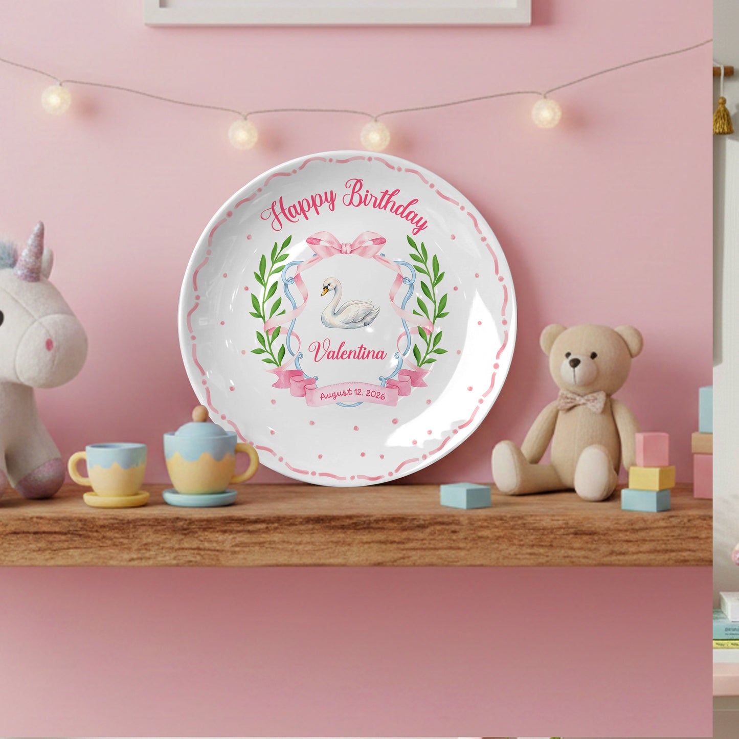 Pink Swan and Bow Personalized Birthday Plate P318OF20