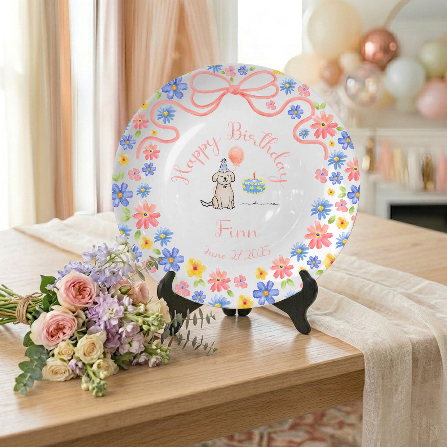 Pink Bow with Pastel Floral Border and Birthday Puppy Personalized Birthday Plate P522HZQ0
