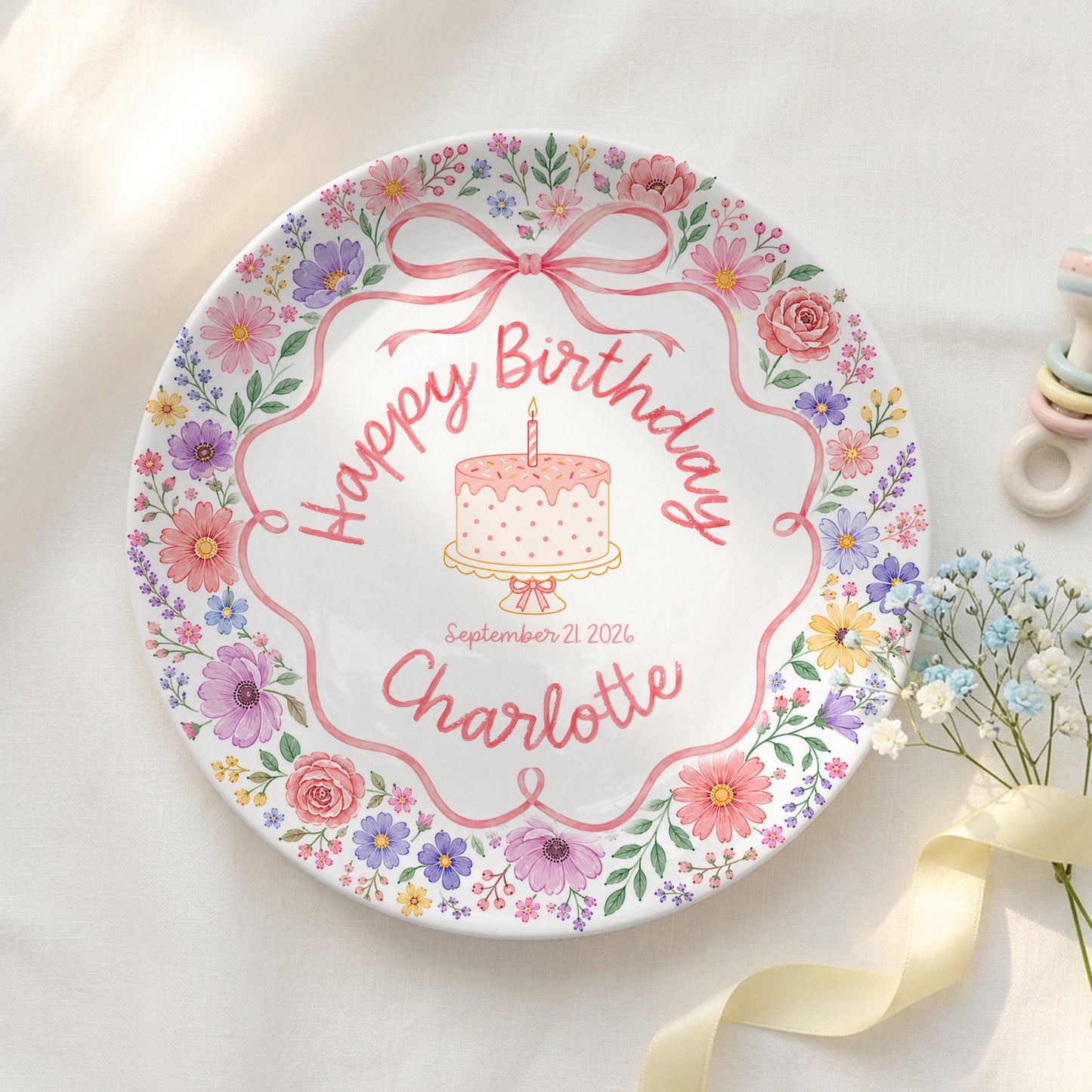 Floral Bow Cake Keepsake Personalized Birthday Plate for Girls P87DHJ0