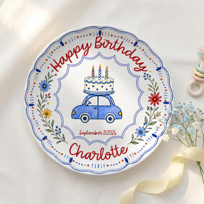Blue Car Floral Personalized Birthday Plate for Kids Keepsake Gift P8124VP0