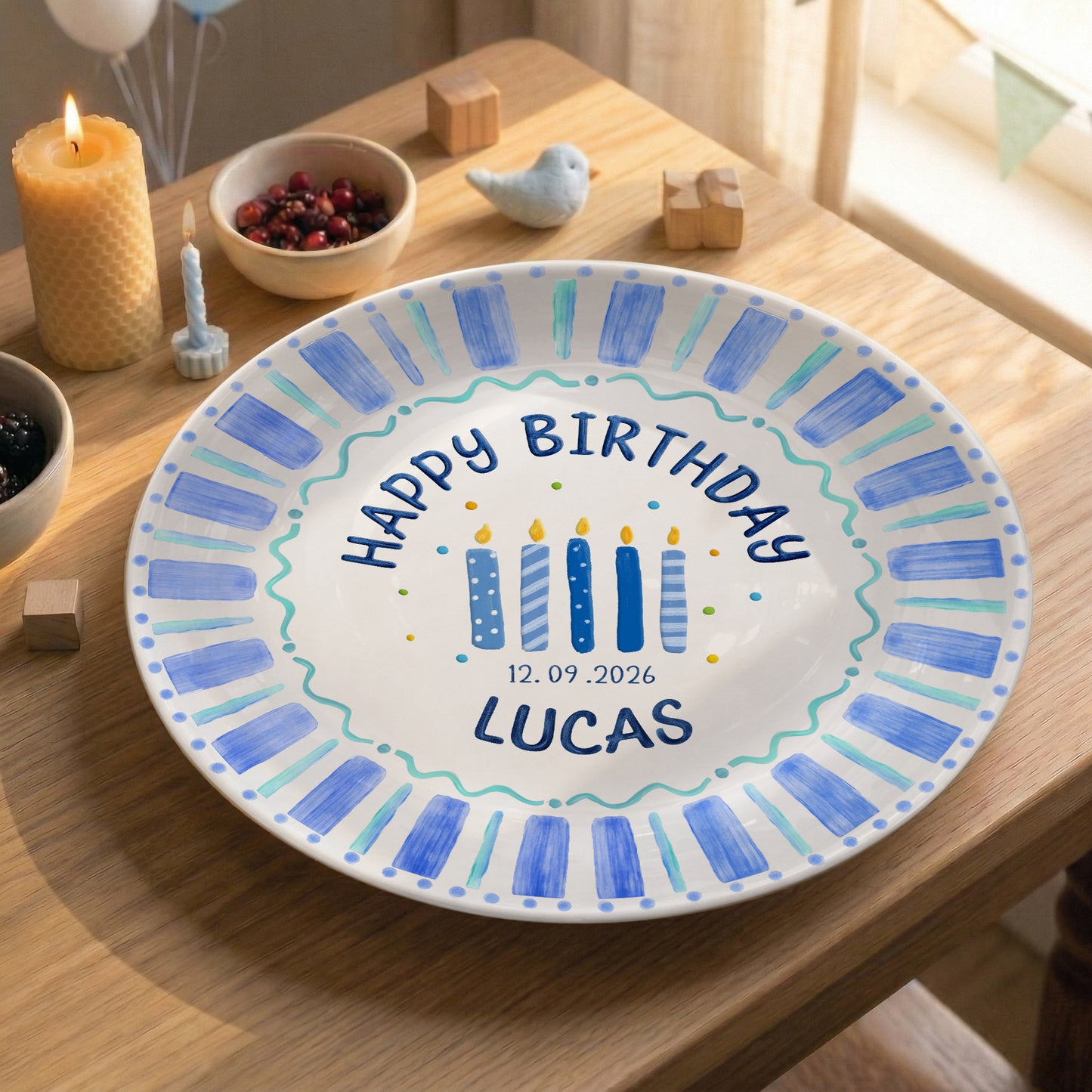 Blue Striped Candles Personalized Birthday Plate P46KBS0
