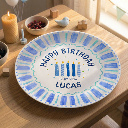 Blue Striped Candles Personalized Birthday Plate P46KBS0