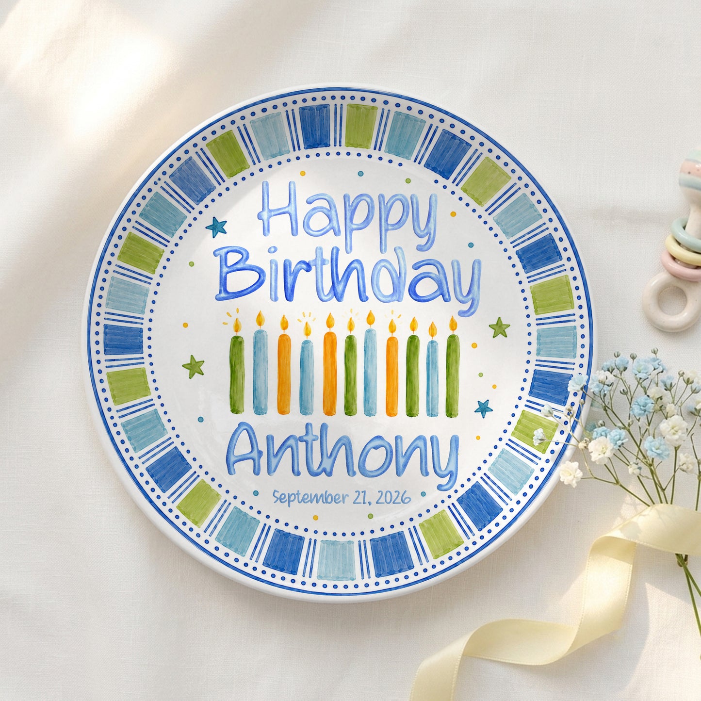 Blue Candle Celebration Personalized Birthday Plate for Kids Ceramic Keepsake Gift P728GIG0
