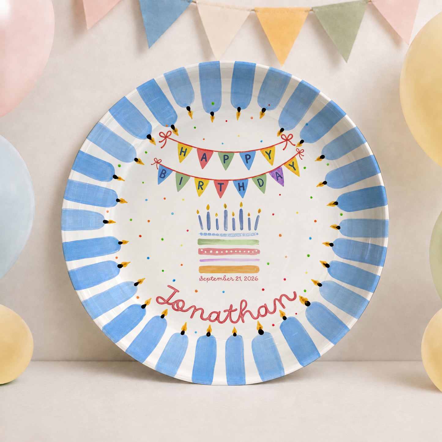 Colorful Party Banner Cake Custom Name Keepsake Personalized Birthday Plate P825IVY0