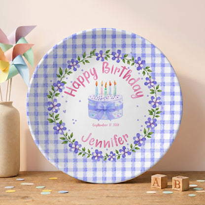 Purple Gingham Border with Floral Wreath Personalized Birthday Plate P624NIV0
