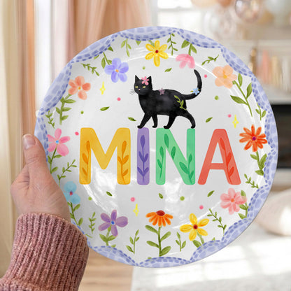 Lavender Scallop Border with Black Cat and Colorful Floral Name Personalized Birthday Plate P54NP00