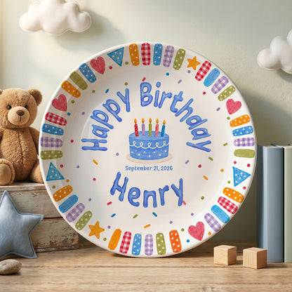 Blue Cake and Colorful Confetti Personalized Birthday Plate P6174GK0