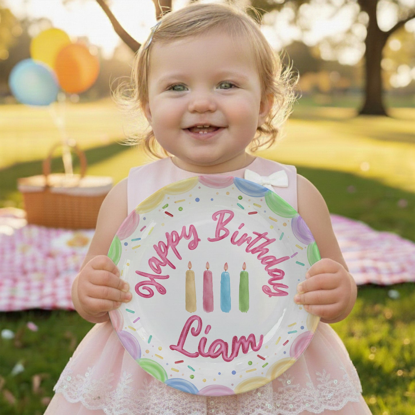 Pastel Candles and Rainbow Border Personalized Birthday Plate P225FQF0