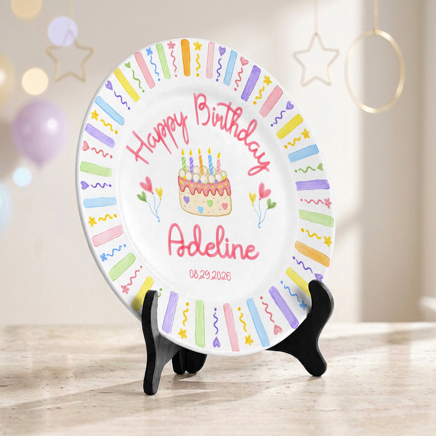 Colorful Kids Birthday Cake Custom Name Keepsake Personalized Birthday Plate Party Decor Gift P818HUN0