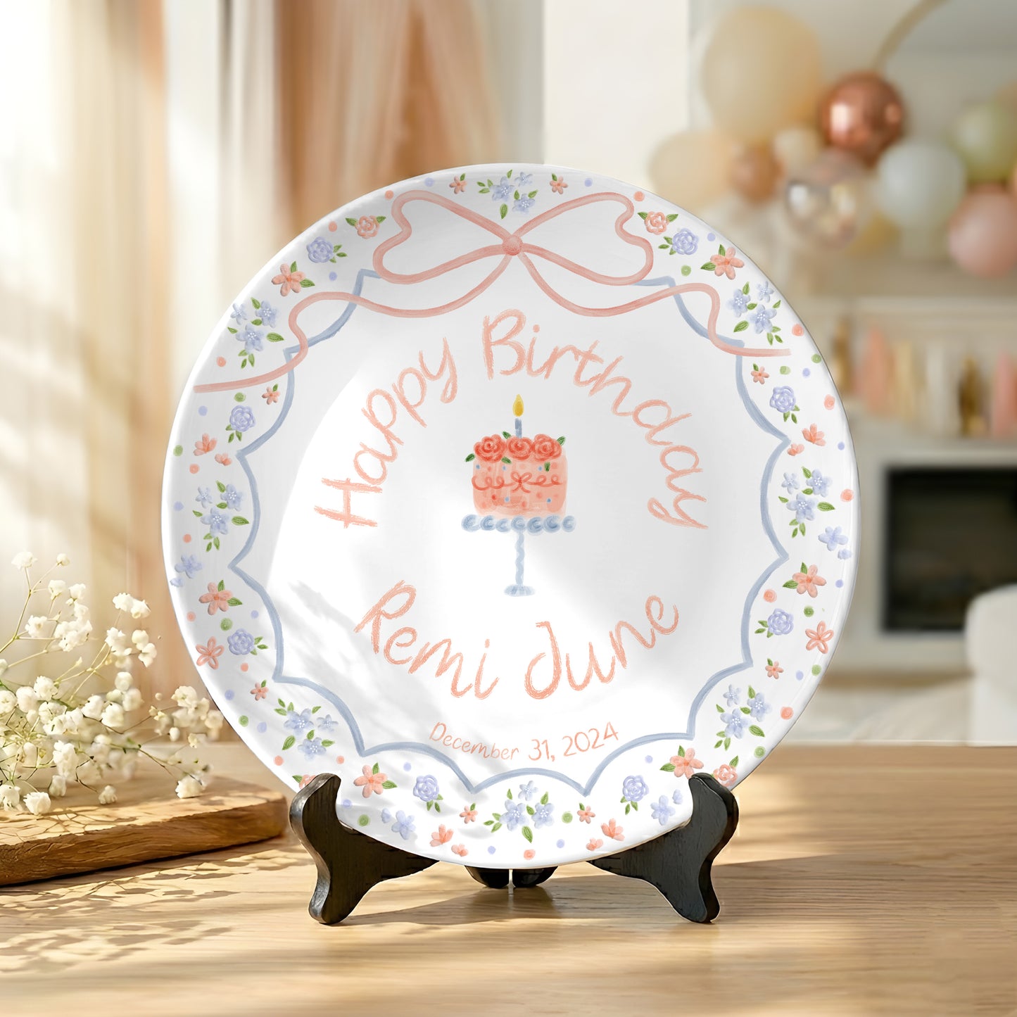Pastel Floral Bow Cake Personalized Birthday Plate P46E040