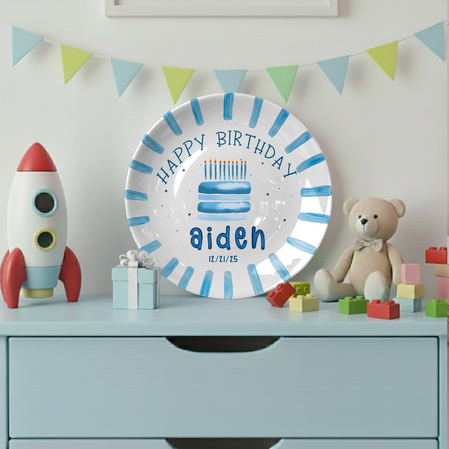 Blue Cake and Brush Stroke Border Personalized Birthday Plate P111BC60