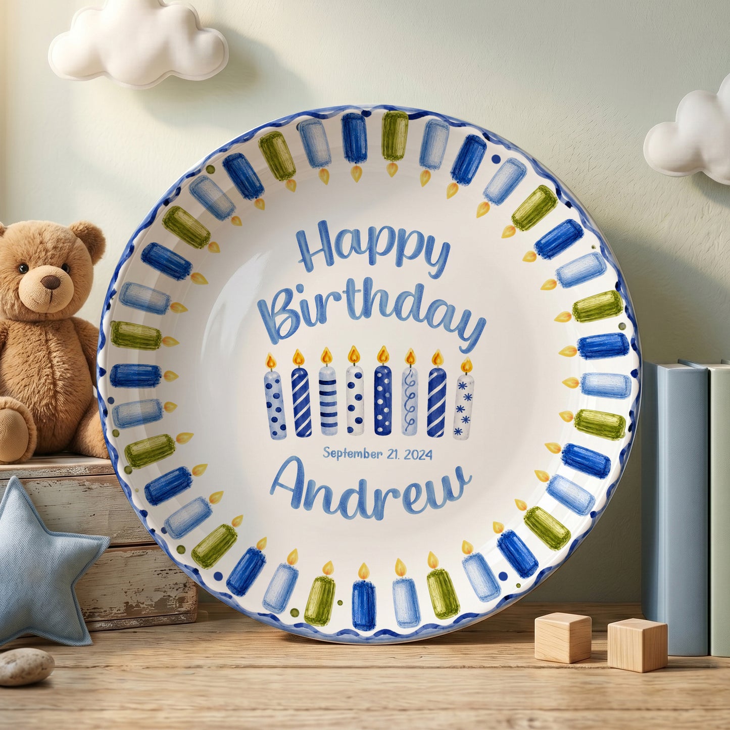 Blue Green Candle Border Personalized Birthday Plate P528HJP0