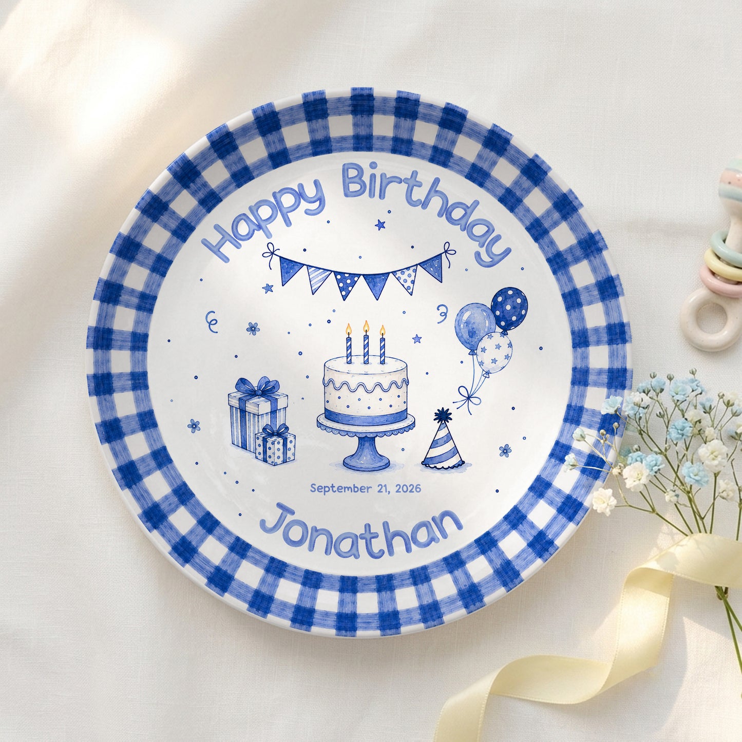 Blue Checkered Personalized Birthday Plate for Kids, Custom Name and Date Ceramic Keepsake P85XBL0