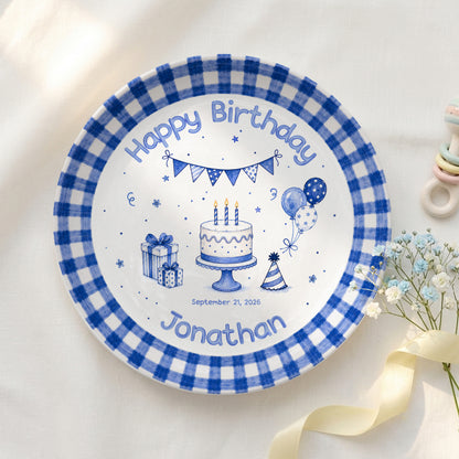 Blue Checkered Personalized Birthday Plate for Kids, Custom Name and Date Ceramic Keepsake P85XBL0