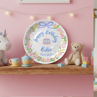 Blue Bow Flower Border Personalized Birthday Plate P311I7Y0