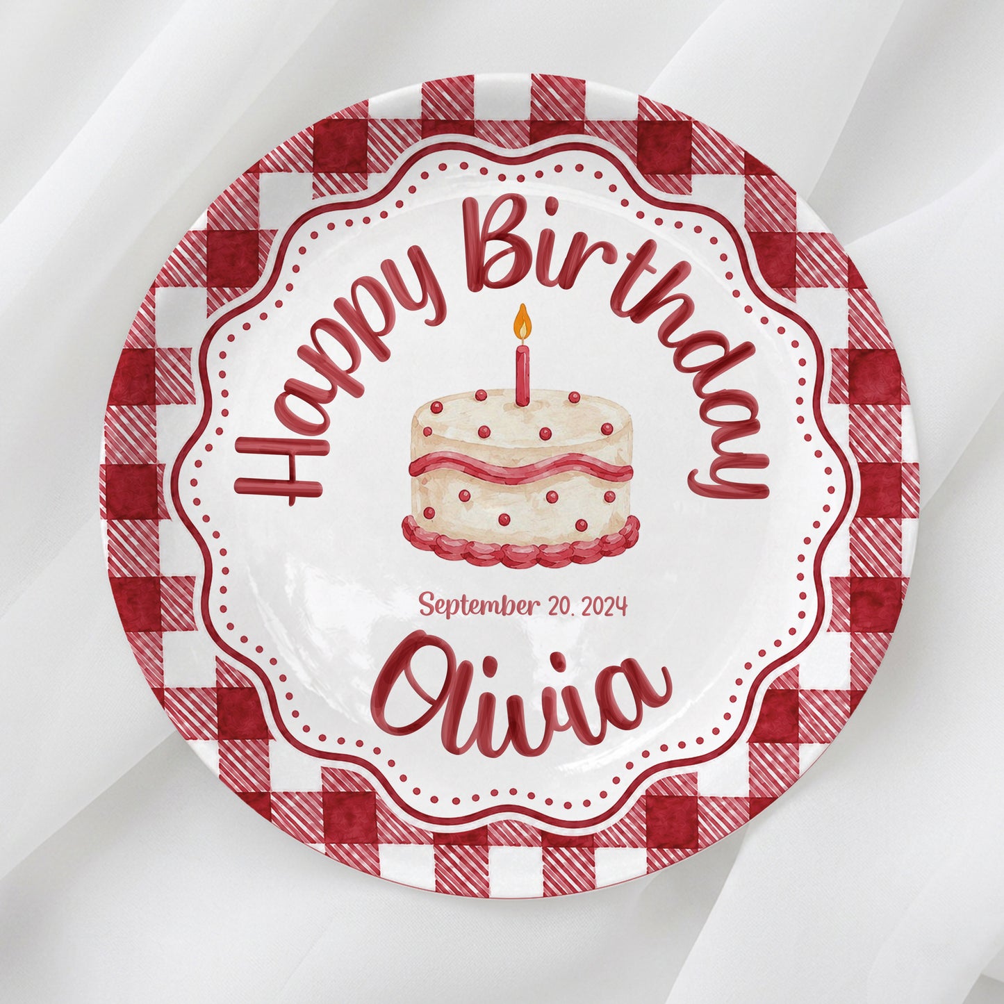 Red Gingham Birthday Cake Keepsake Personalized Birthday Plate P718CMU0