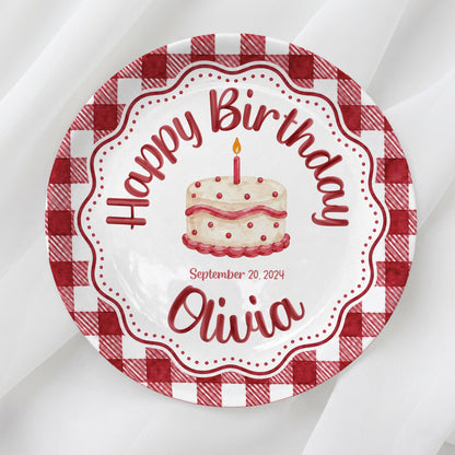 Red Gingham Birthday Cake Keepsake Personalized Birthday Plate P718CMU0