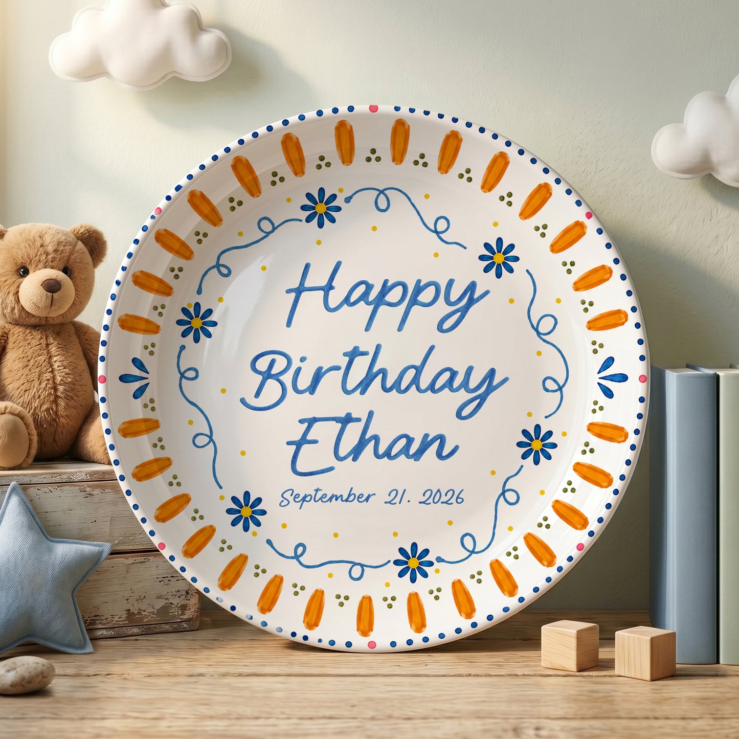 Orange Sunburst Border with Blue Flowers Personalized Birthday Plate P626HW0