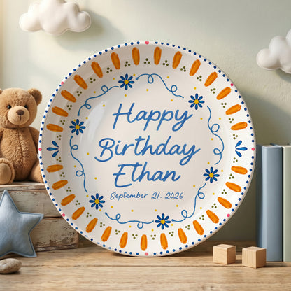 Orange Sunburst Border with Blue Flowers Personalized Birthday Plate P626HW0