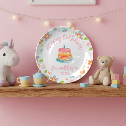 Colorful Floral with Cake Personalized Birthday Plate D92YJX0