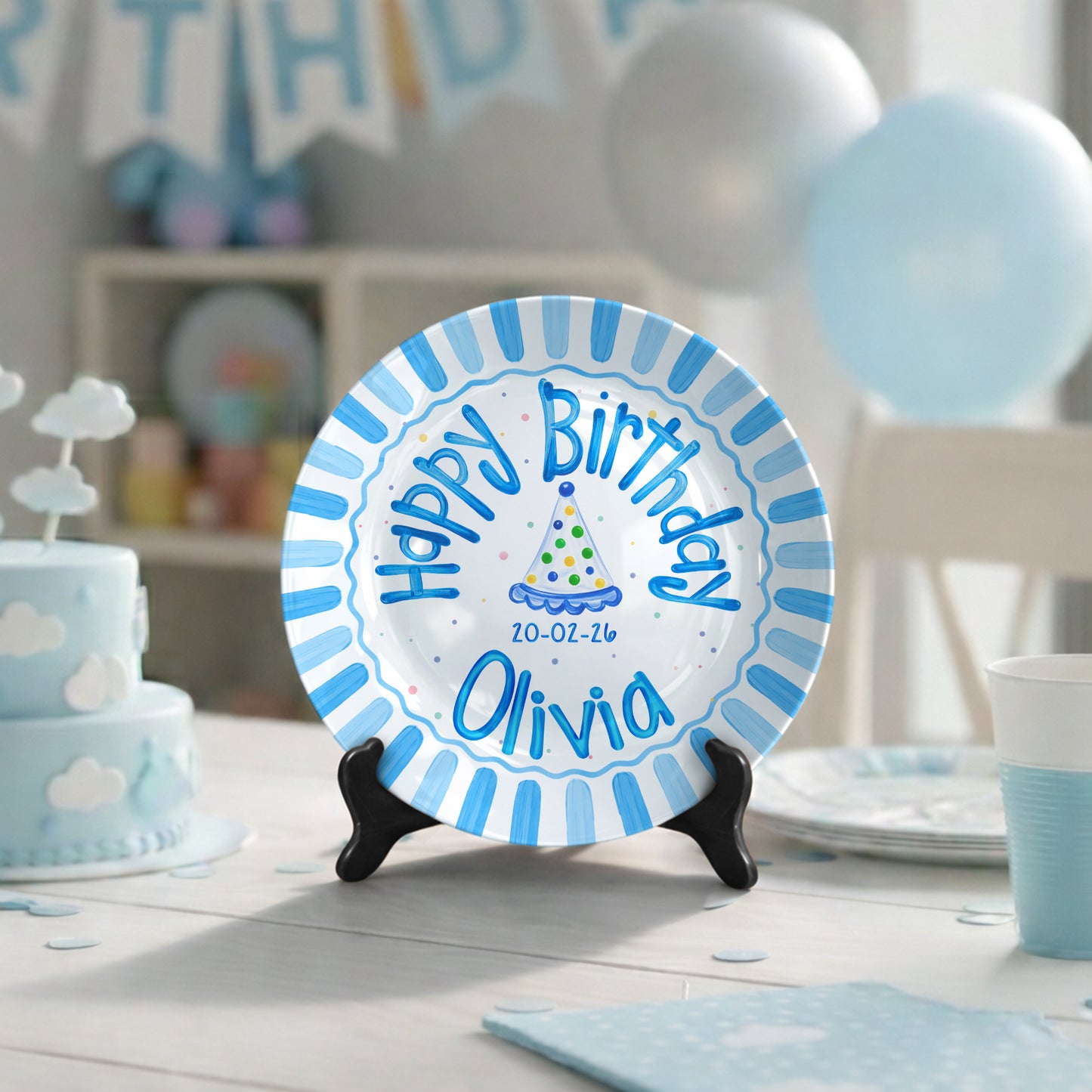 Blue Border and Confetti Party Hat Personalized Birthday Plate P314QKG0