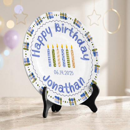 Blue Plaid Boys Custom Name First Birthday Personalized Birthday Plate P8245JH0