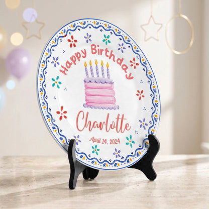 Colorful Floral Cake Design Personalized Birthday Plate for Little Girls P814DYI0