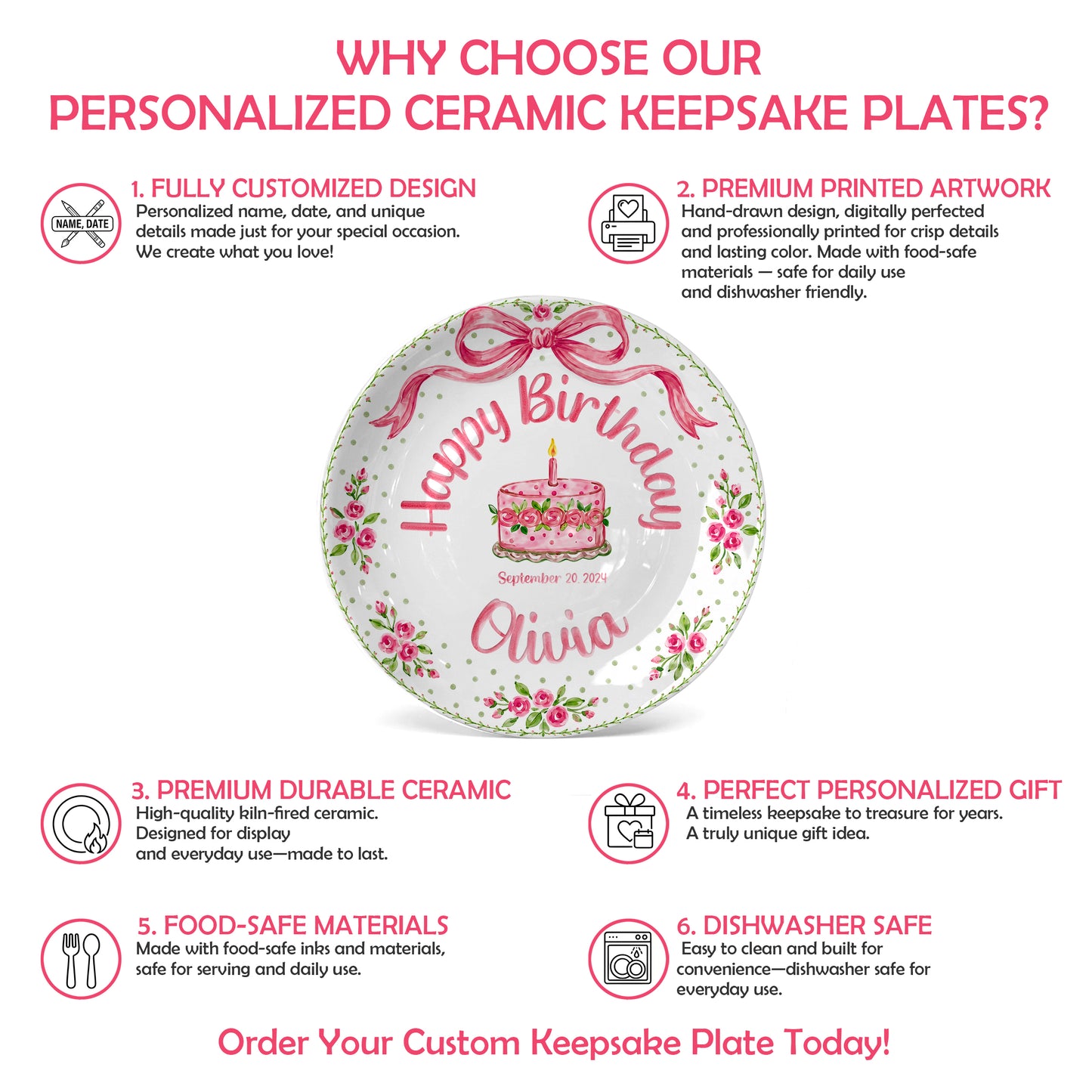 Pink Bow Rose Cake Personalized Birthday Plate P520QZN0