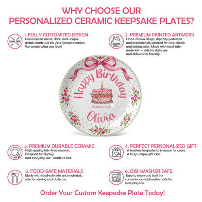 Pink Bow Rose Cake Personalized Birthday Plate P520QZN0